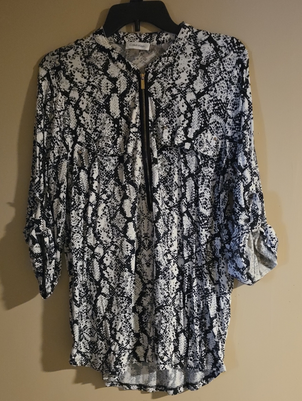Calvin Klein Black & White Snake-Print Zip Front Bomber Tunic